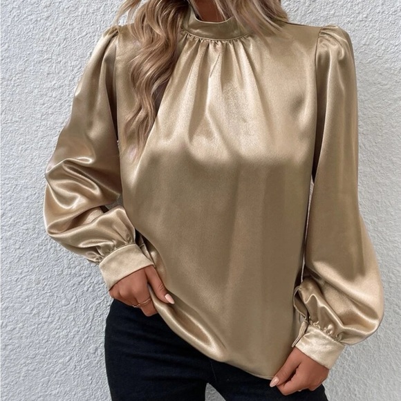 Luxe lantern sleeve mock neck satin blouse - Picture 1 of 11